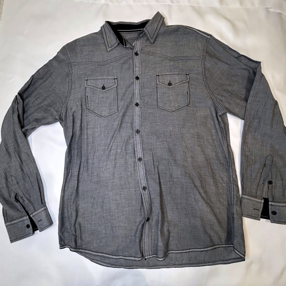 Carbon Button Down Shirt Mens XL Gray Good Western‎ Contrast Stitch Long Sleeve